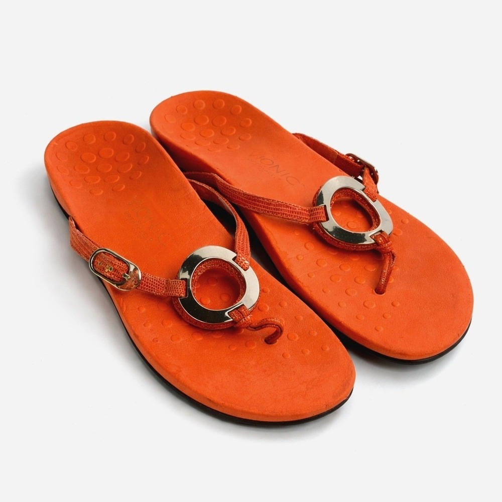 Vionic Karina Orange Lizard Embossed Leather Thong Sandals Women's Size 9 M
